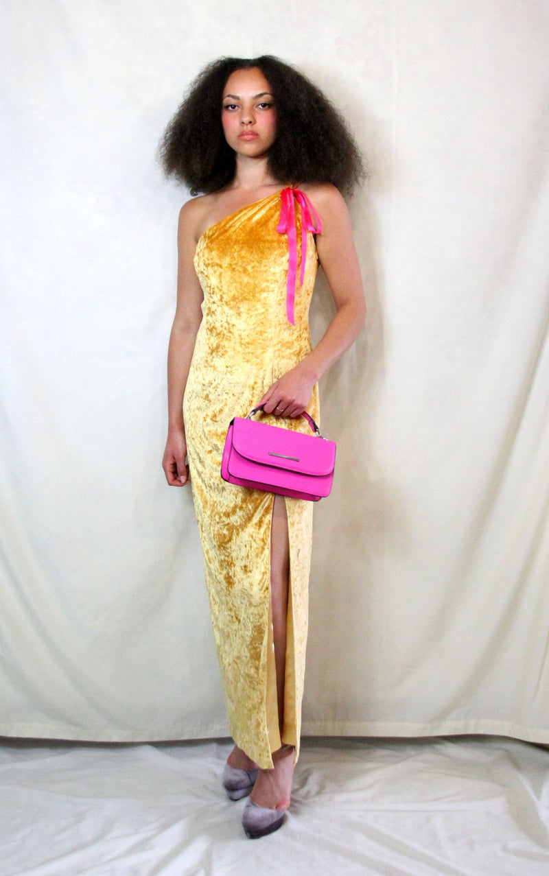 Rent custom made yellow gold maxi dress with front split and one shoulder detail