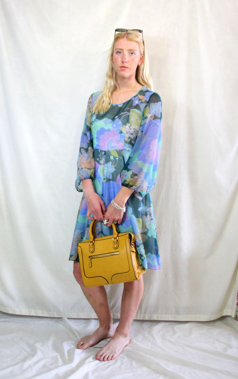 Rent 1970s flower power, blue green and pastel large floral print midi dress with balloon sleeves