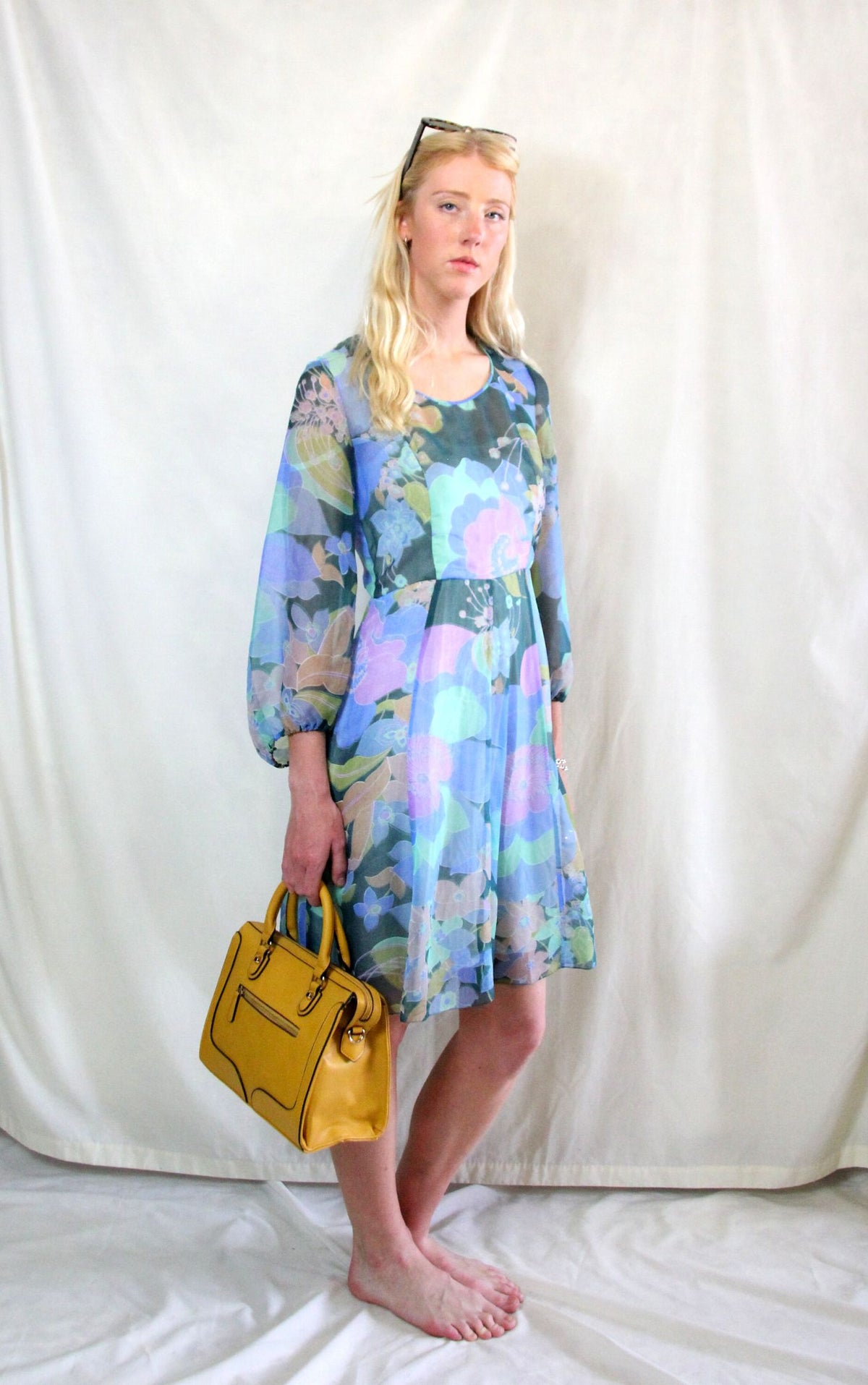 Rent 1970s flower power, blue green and pastel large floral print midi dress with balloon sleeves