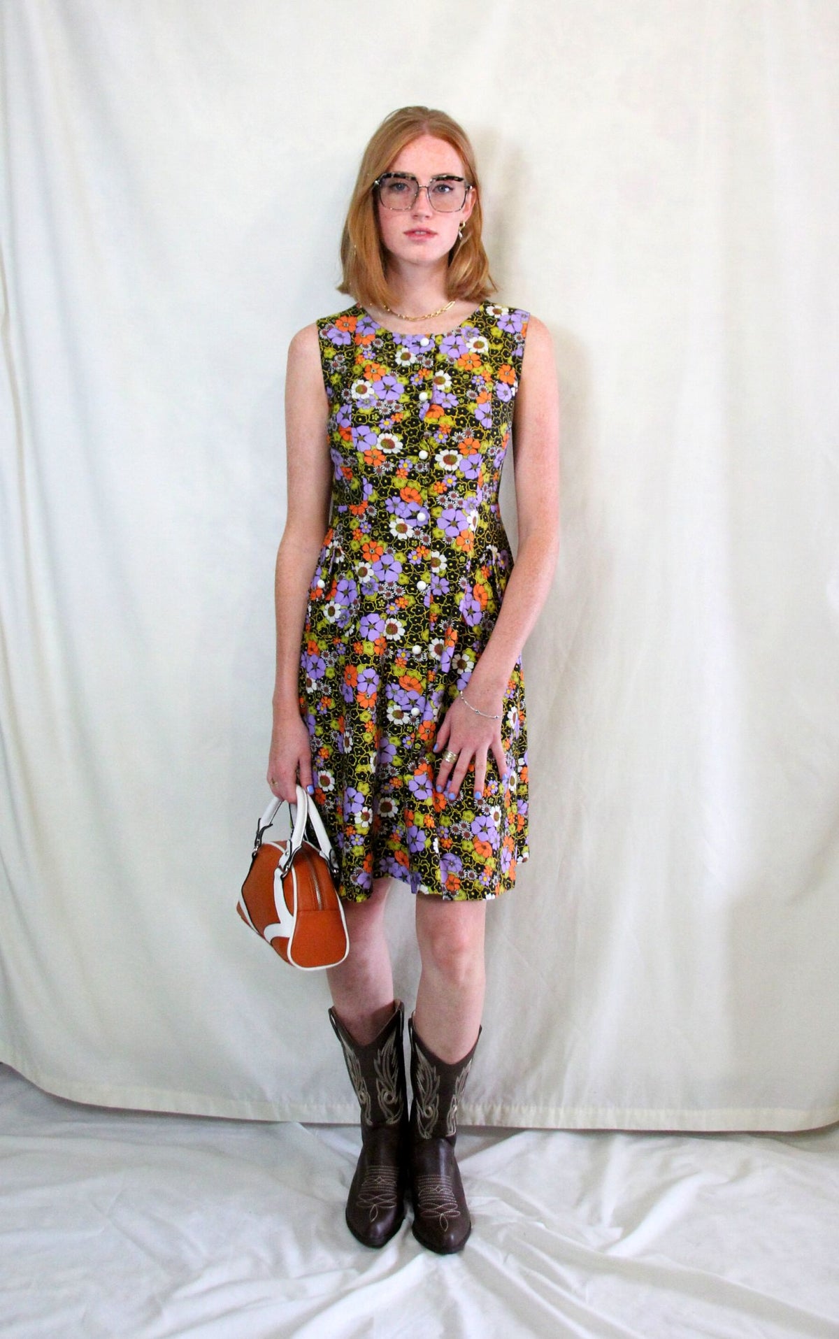 Vintage 1970s flower power orange and purple sleeveless dress