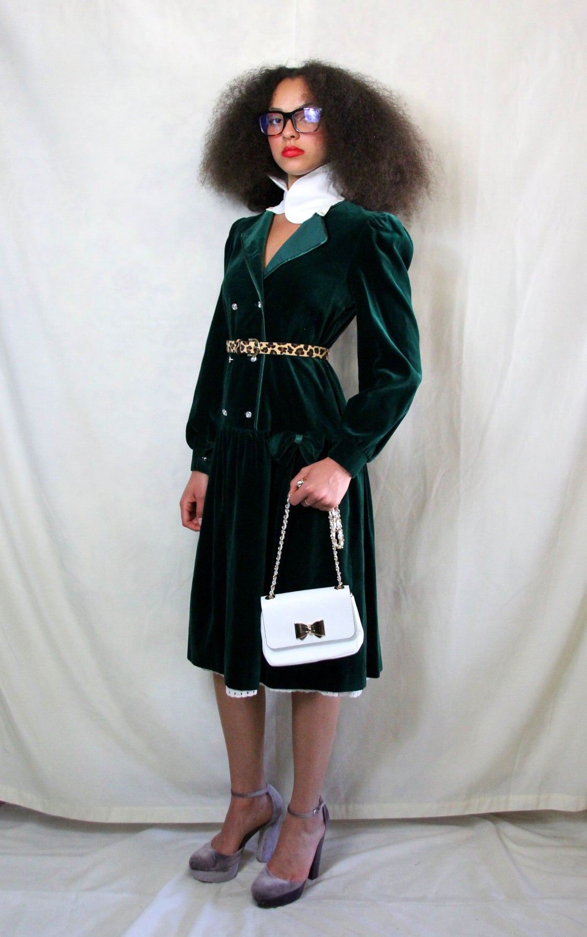 Rent Italian couture emerald green vintage dress with white detachable collar