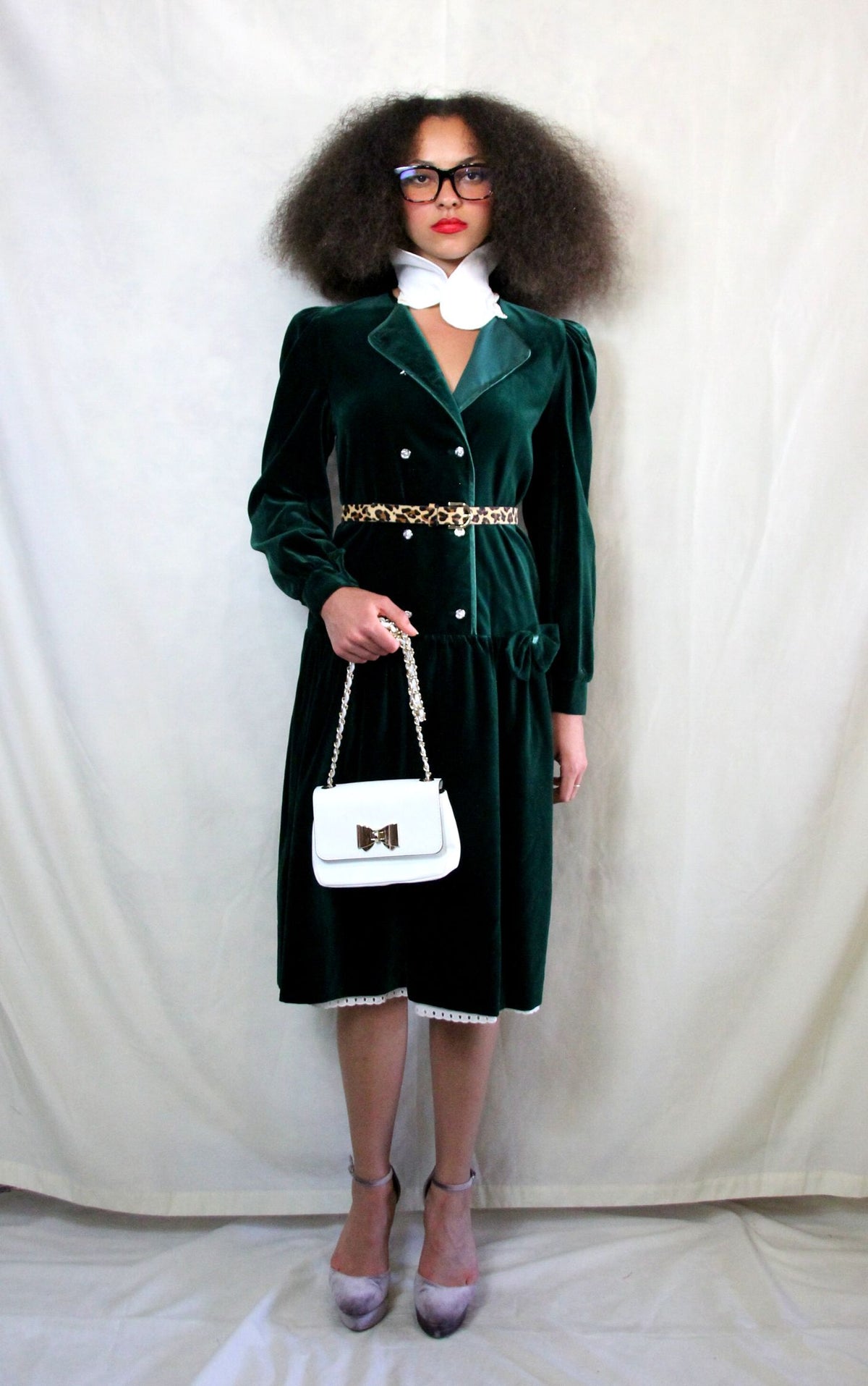 Rent Italian couture emerald green vintage dress with white detachable collar