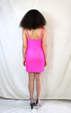 Rent fuchsia pink sequin dress with adjustable shoe string straps and front split