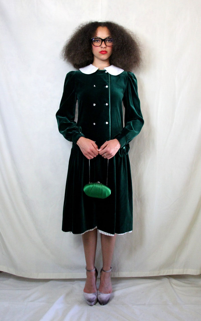 Rent Italian couture emerald green vintage dress with white detachable collar