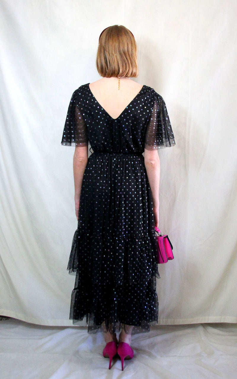 Rent black tulle maxi dress with floaty sleeves and matching waist belt 