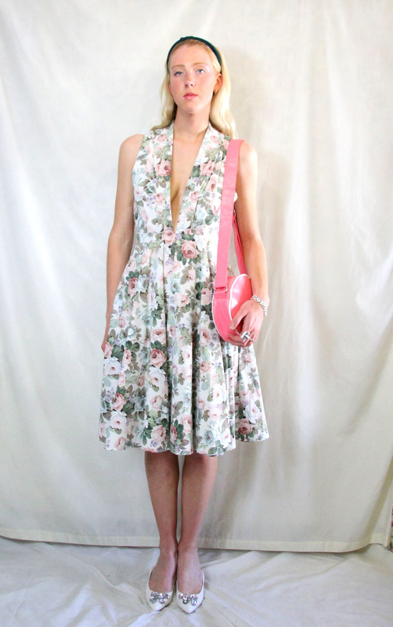 Rent upcycled floral halter neck midi dress made from vintage Sanderson curtains