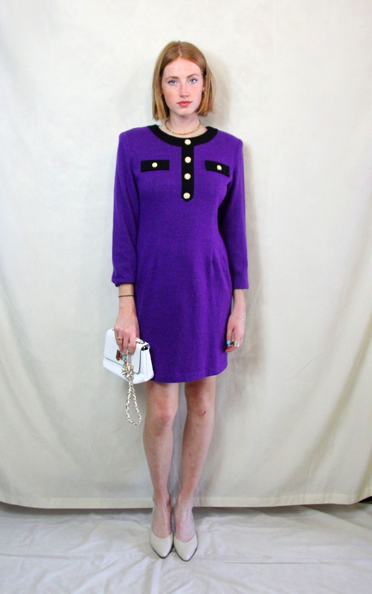 Rent Vintage purple knitted dress with Chanel style buttons and round neckline