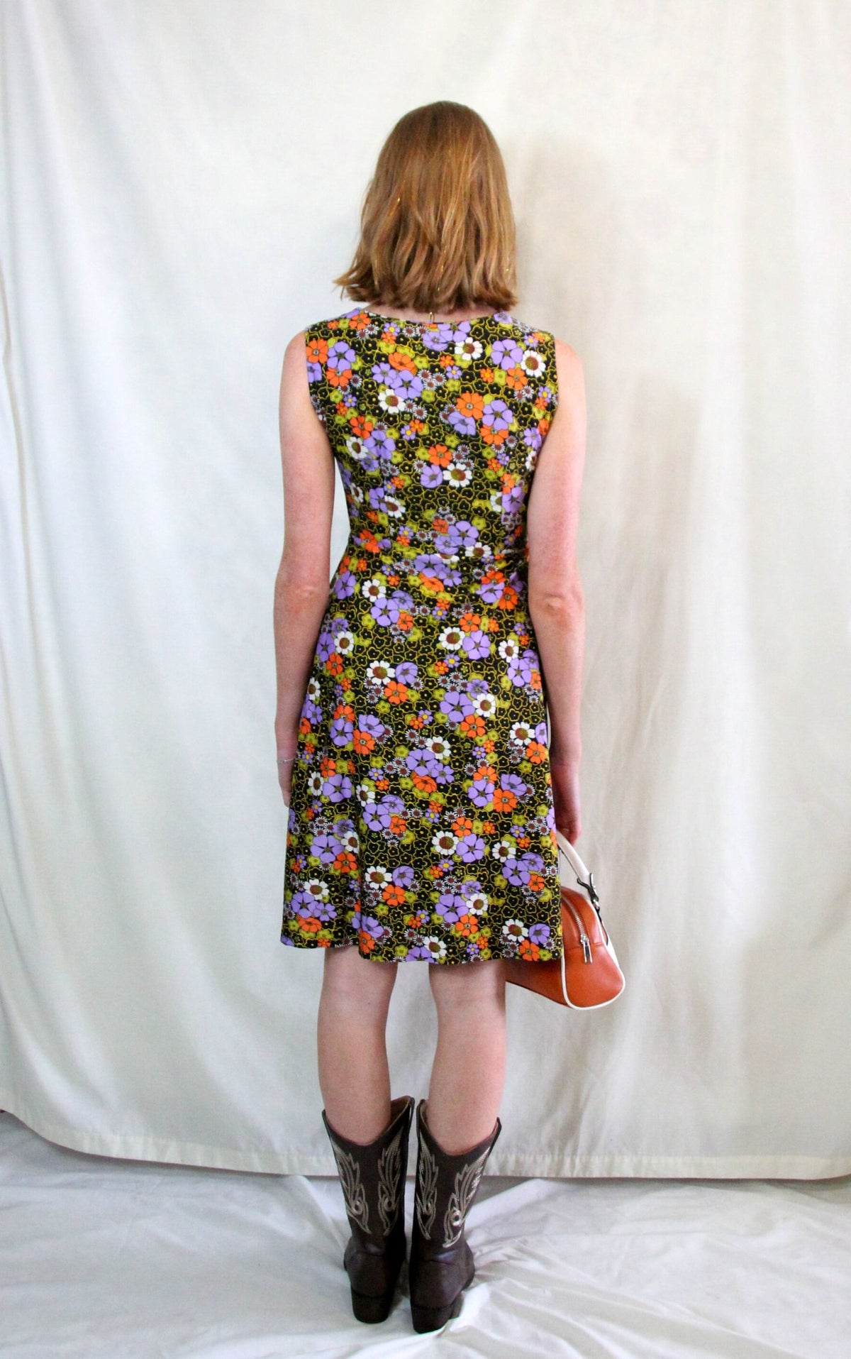 Vintage 1970s flower power orange and purple sleeveless dress