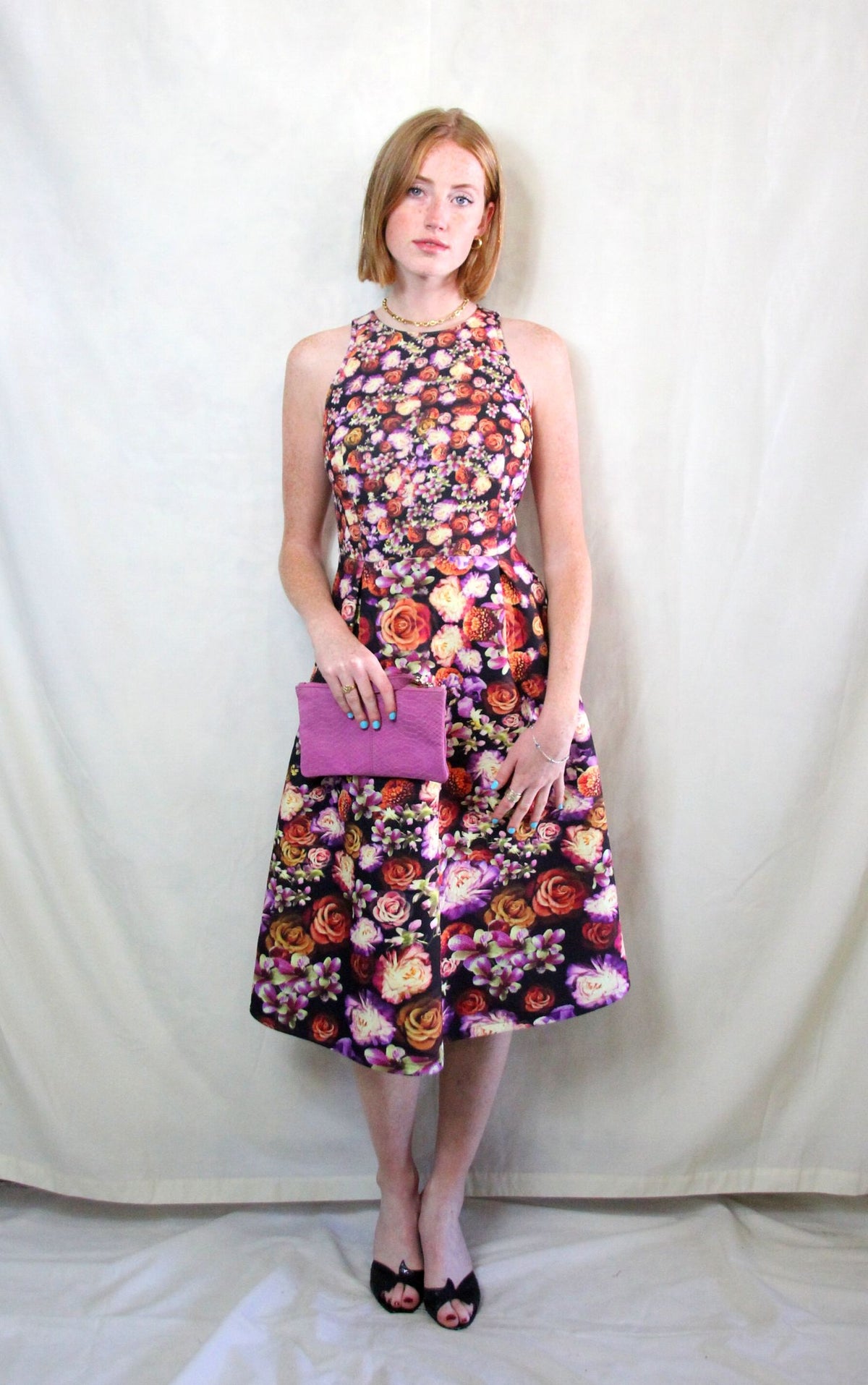 Floral midi prom dress in bright purple, orange and pink floral print with back zip