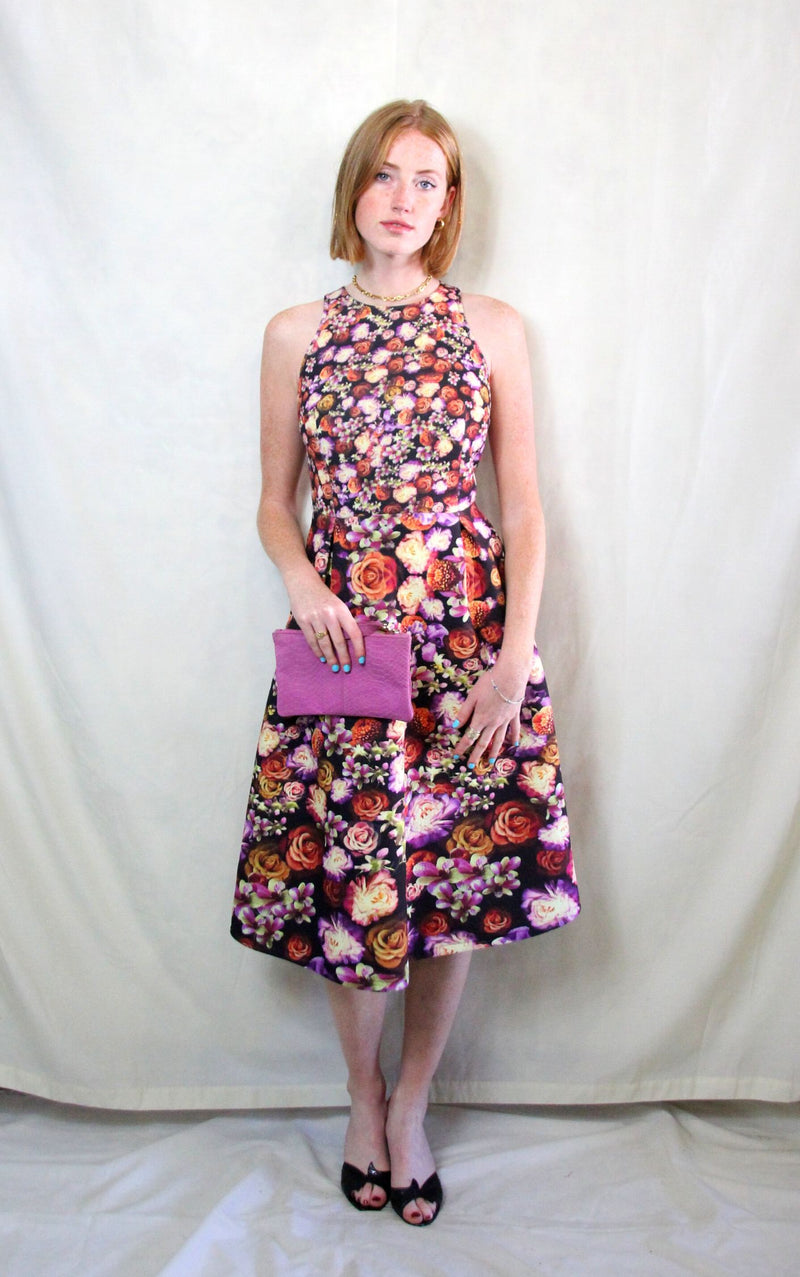 Floral midi prom dress in bright purple, orange and pink floral print with back zip