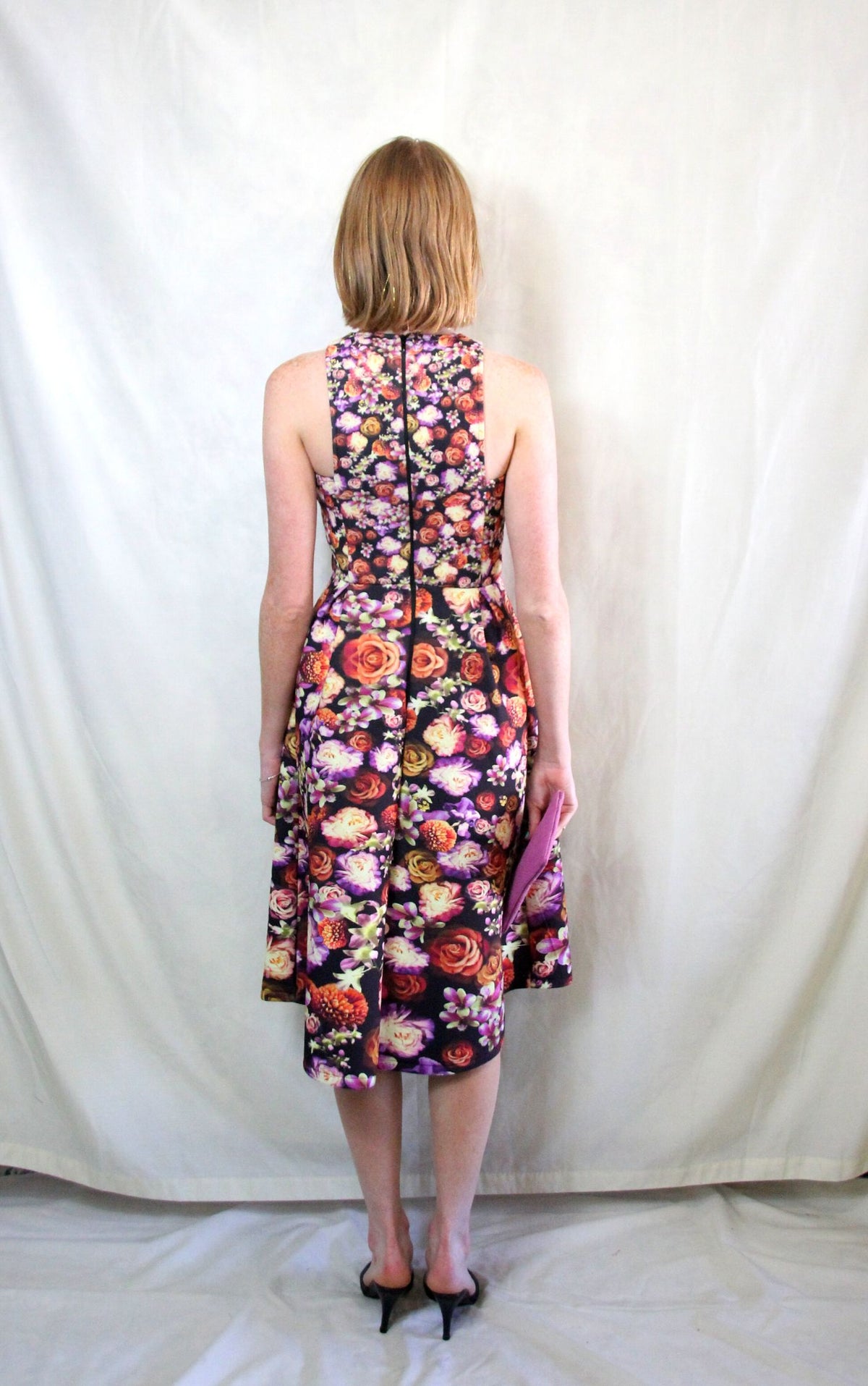 Floral midi prom dress in bright purple, orange and pink floral print with back zip