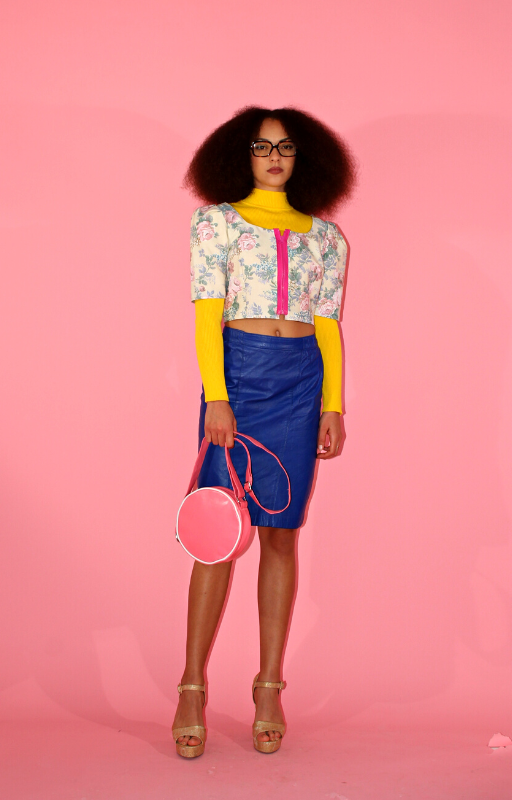 Rent upcycled floral lightweight Top with pink front zip and cobalt blue vintage leather skirt