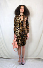 Knitted leopard print pencil dress with long sleeves and back zip