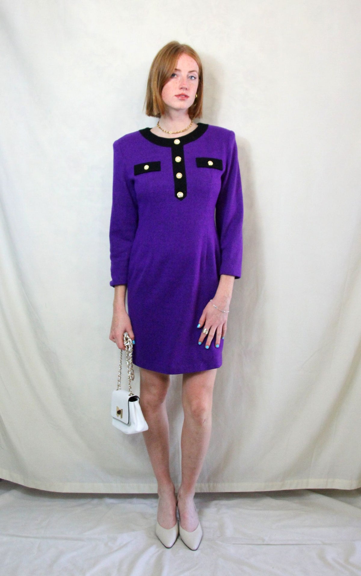 Rent Vintage purple knitted dress with Chanel style buttons and round neckline