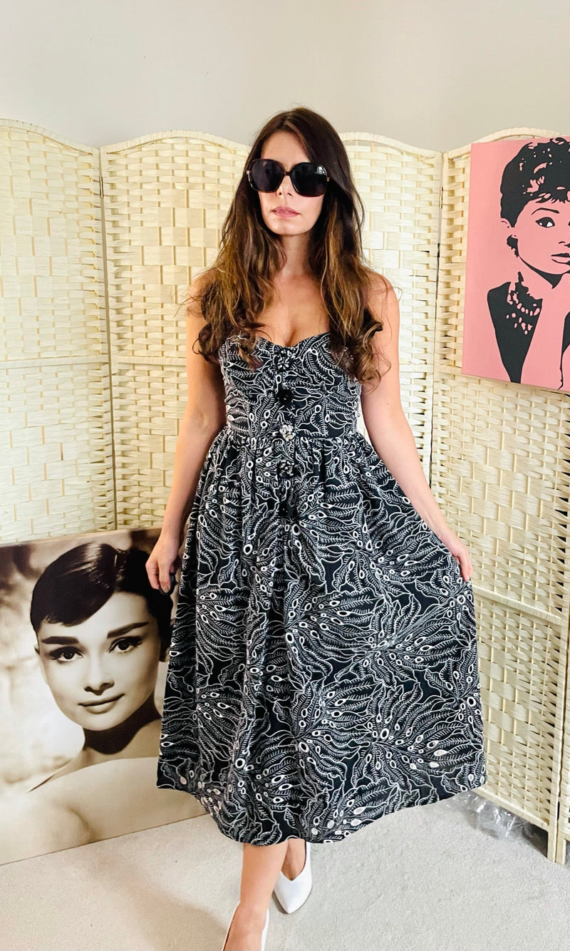 Rent Vintage and Pre-loved Dresses Rent Broderie black and white embroidered leaf print midi dress with front chunky buttons