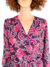 Paisley 1970s Style long sleeves wrap dress in purple and mauve print 