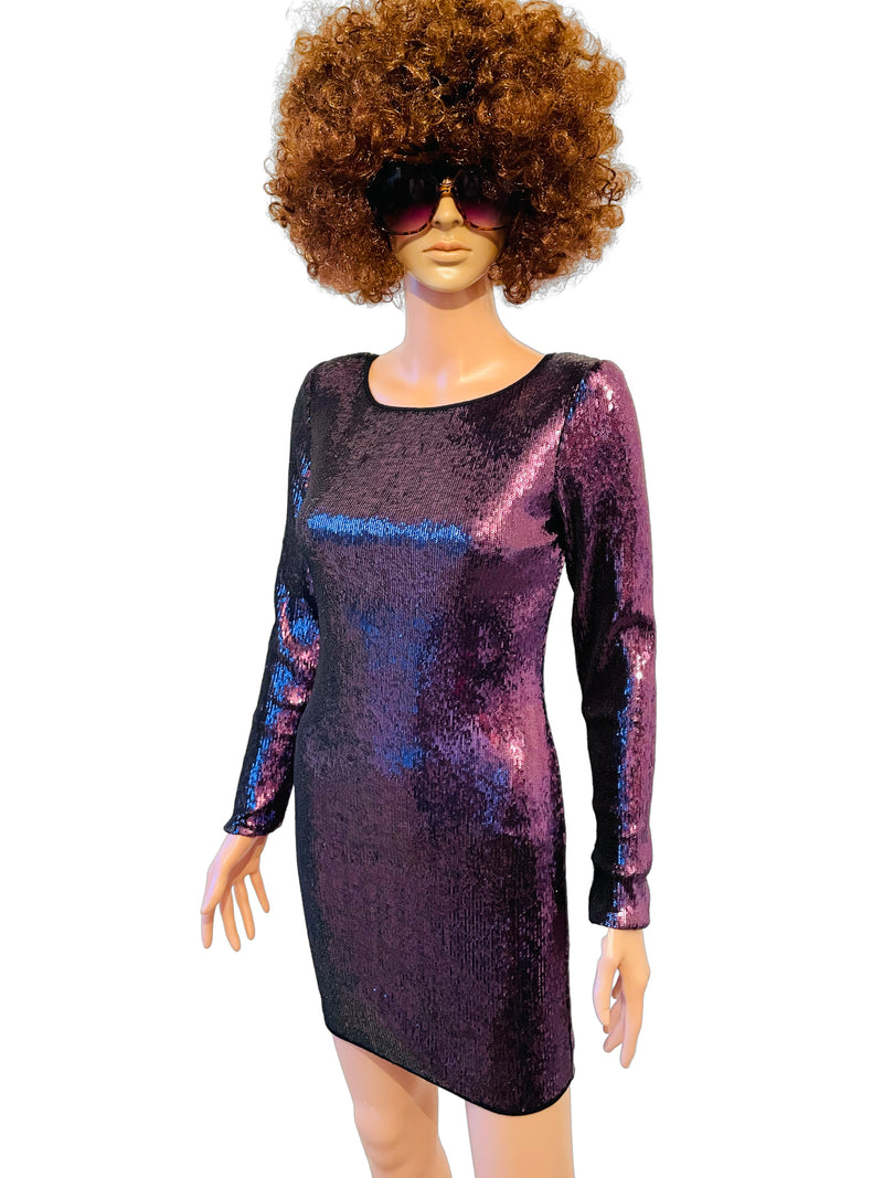 Disco style purple sequin mini body con dress with long sleeves and subtle built in shoulder pads