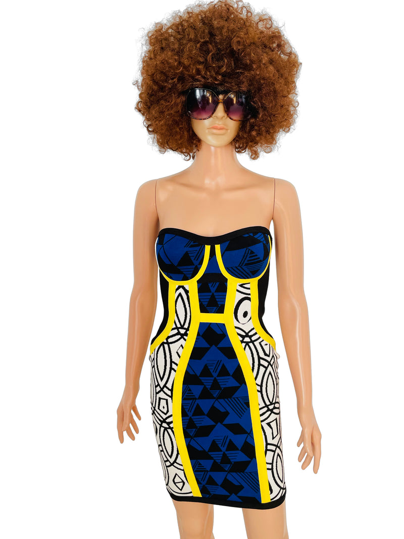 Rent Blue, Black and Yellow Patterned Bandage Mini Dress with high quality back zip