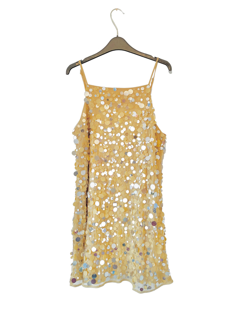 Rent gold disco mini dress with adjustable straps and sequin discs attached
