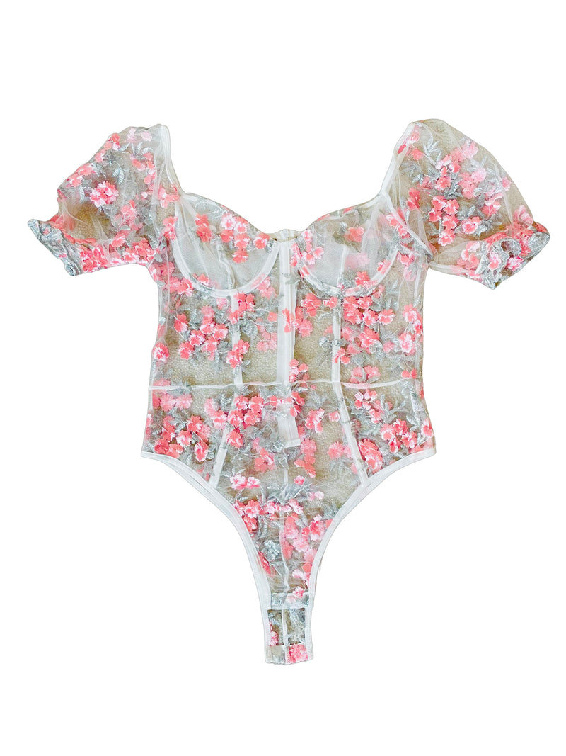 Silver and Pink Floral Embroidered Body Suit Size 10