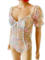 Silver and Pink Floral Embroidered Body Suit Size 10
