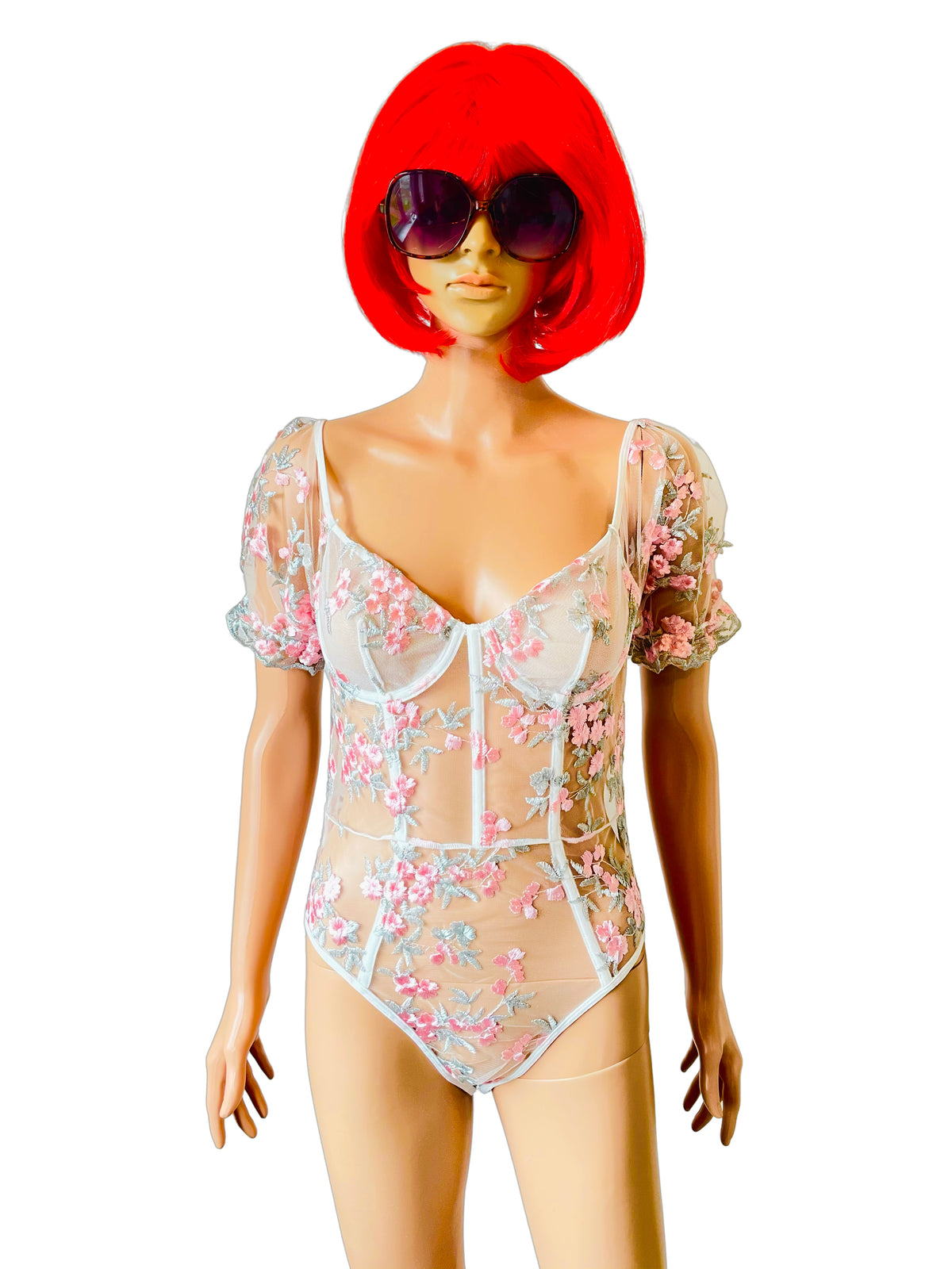 Silver and Pink Floral Embroidered Body Suit