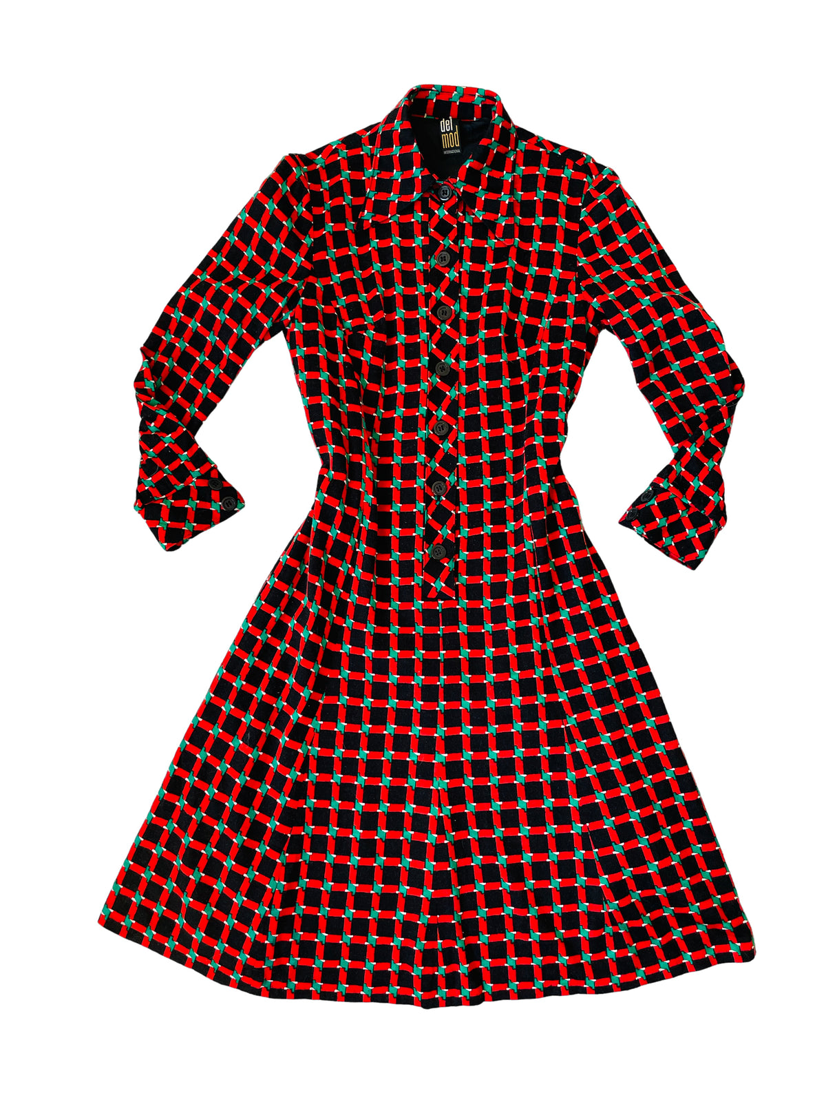 Rent 1970s Vintage dogtooth black, red and green print shirt dress