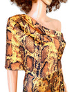Rent snake print dressRent Mini mustard snake skin asymmetric dress with exaggerated shoulder detail