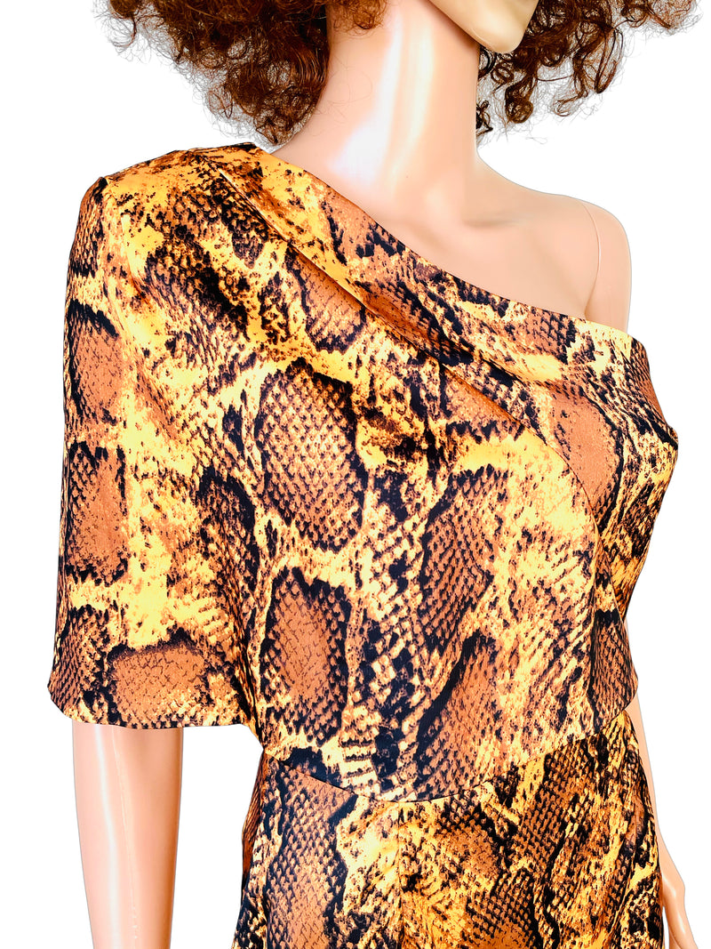Rent snake print dressRent Mini mustard snake skin asymmetric dress with exaggerated shoulder detail