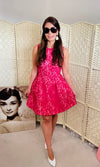 Rent Vintage and Pre-loved Dresses Fuchsia pink mini sleeveless lace skater dress in scuba material and lace overlay 