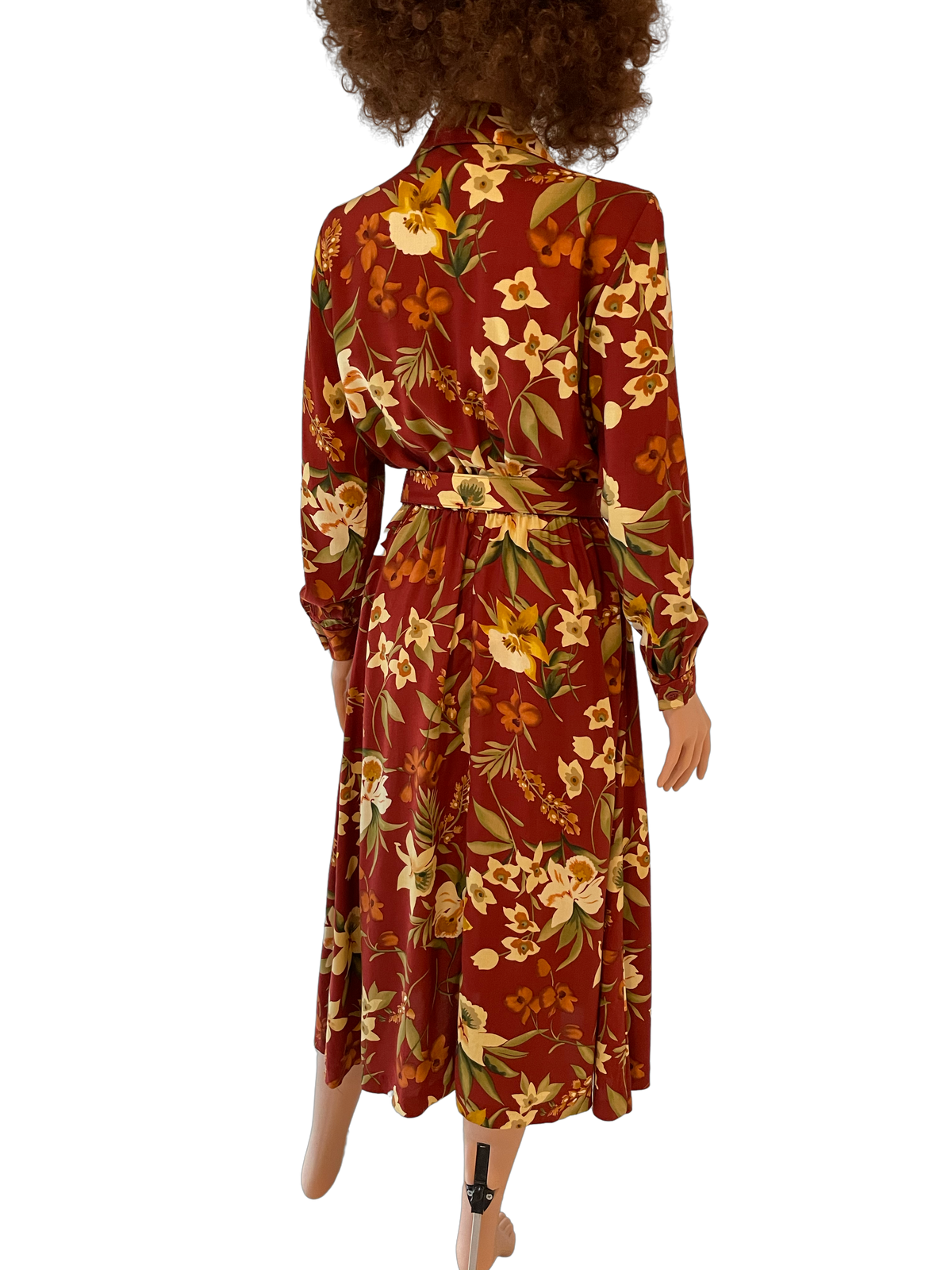 Rent Vintage tan and yellow floral shirt dress with matching waist belt