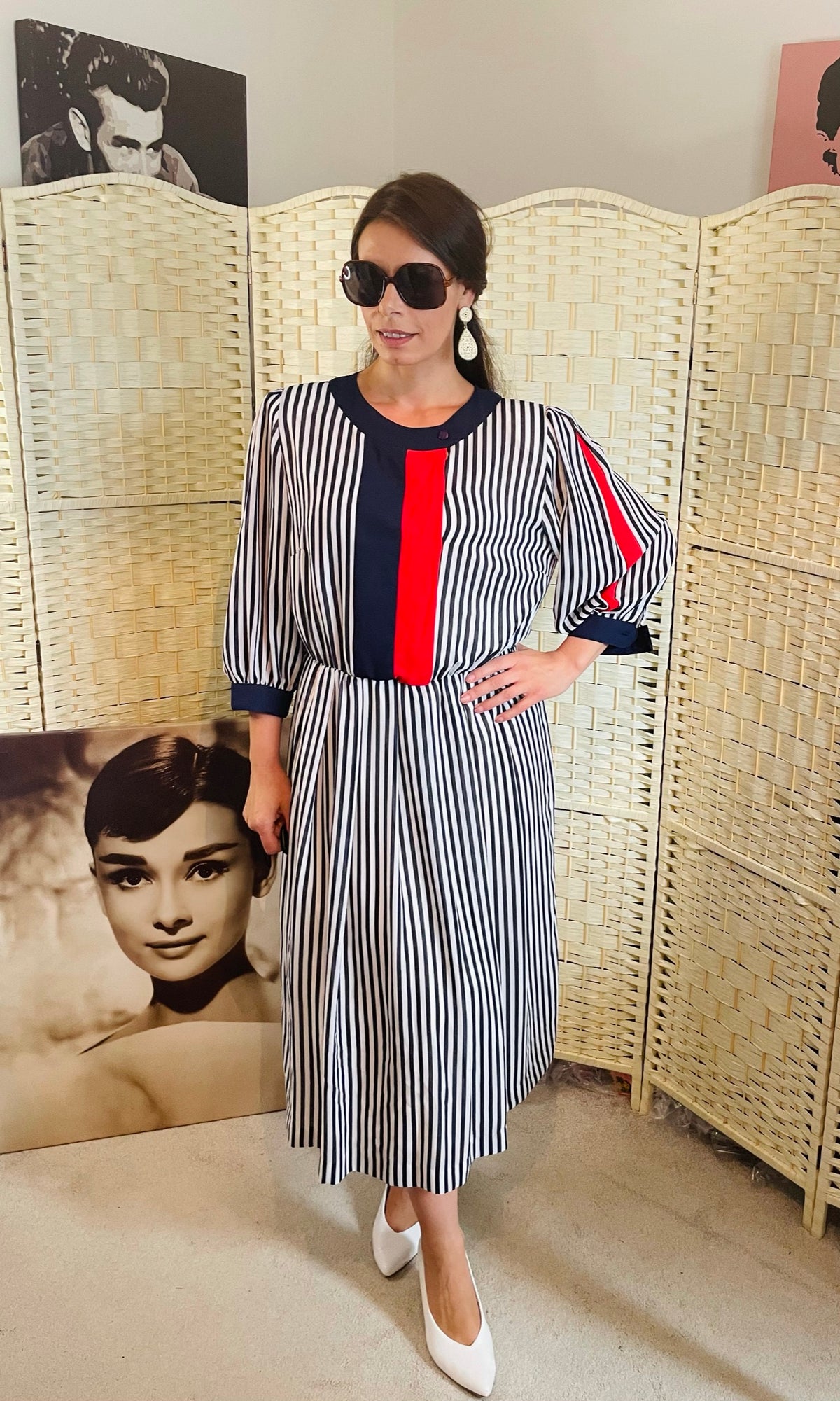 Rent Vintage navy and red stripped 1980's midi dress