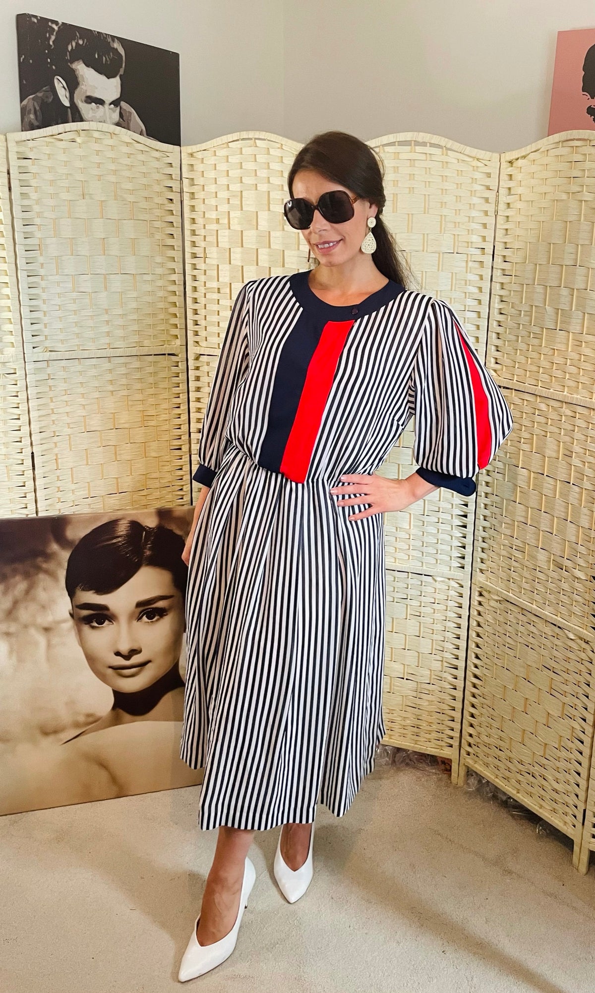 Rent Vintage navy and red stripped 1980's midi dress