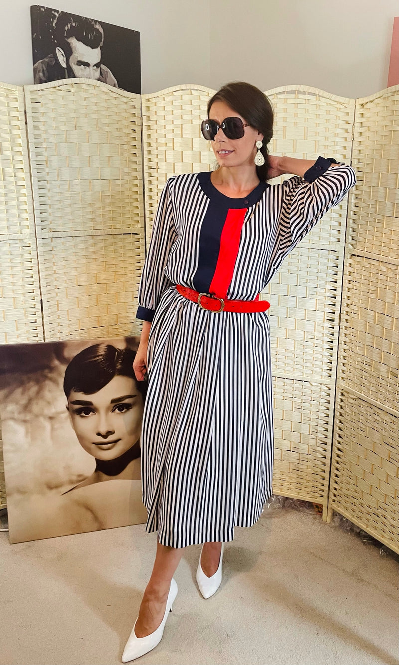 Rent Vintage navy and red stripped 1980's midi dress