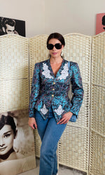 Rent vintage couture jacquard blazer jacket Rent Vintage and pre-loved fashion rentals, designer rentals, designer bag rental, wedding dress rental, dress alterations and tailoring, Bristol Vintage and pre-loved fashion rentals, Bristol dress hire, dress rental, Bristol alterations