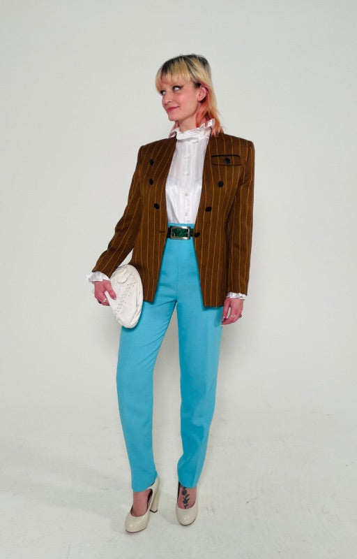 Rent Vintage turquoise trouser look  Vintage Trousers  Vintage high neck ivory blouse  Vintage Brown Pin striped Blazer