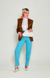 Rent Vintage turquoise trouser look  Vintage Trousers  Vintage high neck ivory blouse  Vintage Brown Pin striped Blazer