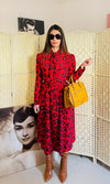 Rent Eastex Vintage red and black printed dress with dropped skirt, front buttons and pussy bow neck. Matching waist belt