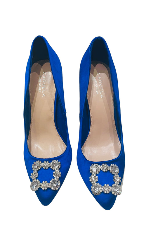 Rent cobalt blue stiletto court shoes with embellished front jewel