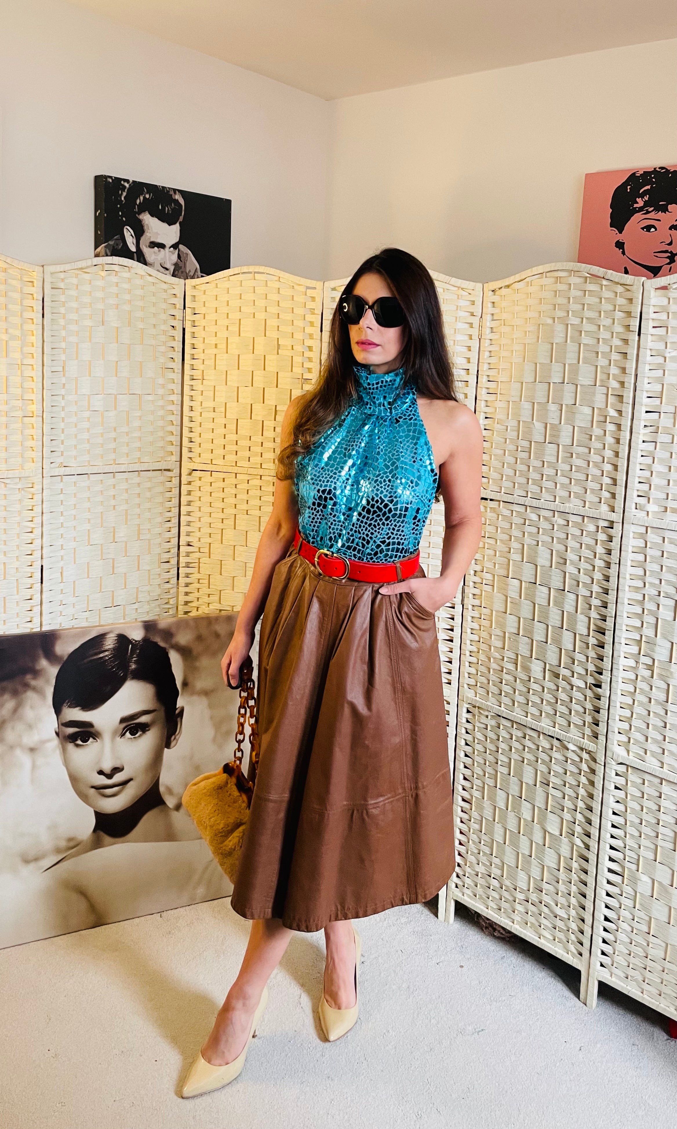 RENT Vintage Tan Leather Midi Skirt WearMyWardrobeOut