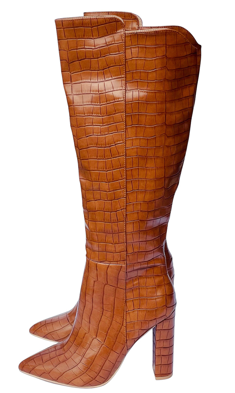 rent tan knee high croc boots